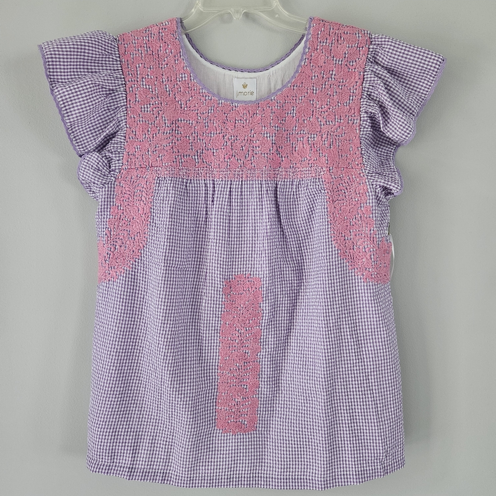 J. Marie Embroidered Pink and Purple Gingham Blouse